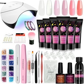 Poly Nail Gel Kit with U V LED Nail Lamp, Phoenixy 6 Colours Poly Nail Extension Gel Set with Slip Solution Gel Nail Starter Full Kit Builder Nail Gel Gifts Set for Women
