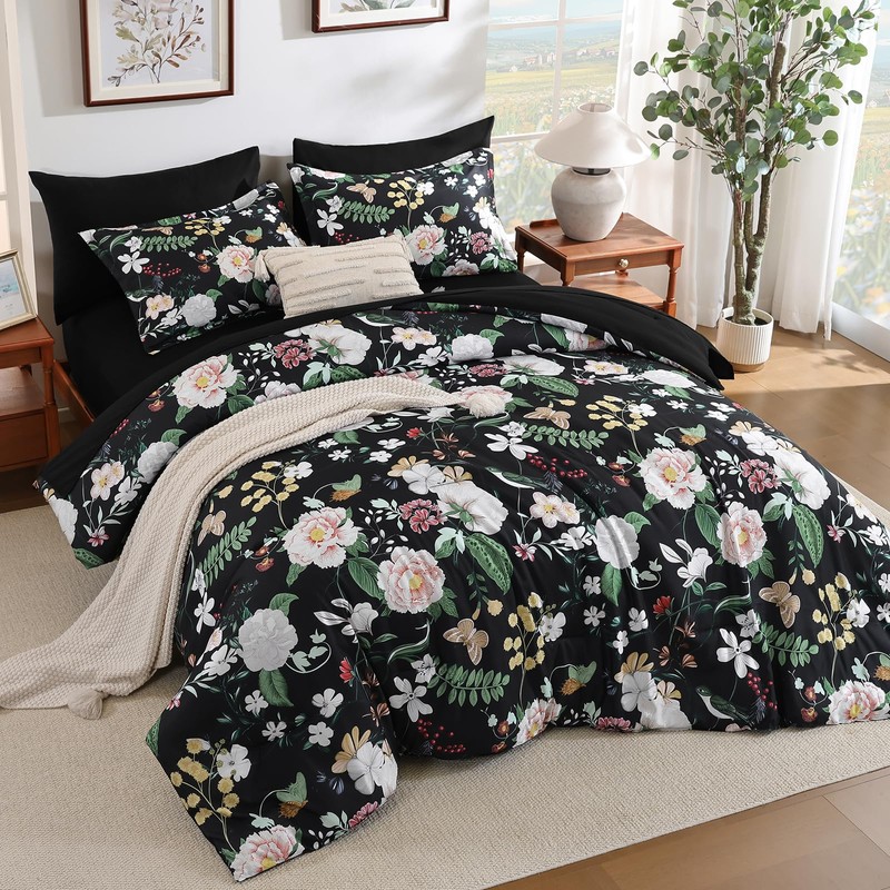 Anibedding 7Pieces Floral Queen Size Comforter Set, Garden Plant Flower