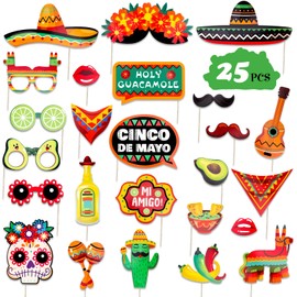 Qpout 25PCS Mexico Fiesta Photo Prop Mexican Carnival Party Decoration Supplies for May Day Selfie Party Supplies Fiesta Photo Decoration Mexican Themed Party