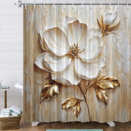 Chic Elegant Floral Shower Curtain, Modern Minimalist Abstract White and Gold Flower Shower Curtains Set, Luxury Golden Leaves Fabric Shower Curtains for Bathroom Decor Bathtub with Hooks, 72Xx75