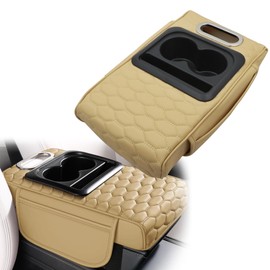 AOUTTUOA Universal Car Integrated Pressurized Multifunctional Armrest Heightening Pad Microfiber Leather Tan Multifunctional Car Armrest with 2 Cup Holders Phone Storage Slot Tissue Box Side Pockets