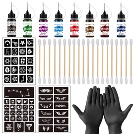 Henna Tattoo Set - 8 Colours Ink Including 60 Stencils with Gloves and Applicators, Henna Colour, Henna Freckles, for Women, Men, DIY Art, Painting, Party Gifts