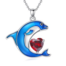 LONAGO Dolphin Necklace 925 Sterling Silver Blue Dolphin with Birthstone Pendant Necklace for Women, Sterling Silver