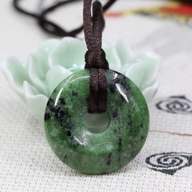Keleny Natural Green Ruby in Zoisite Gemstones 30mm Circle Peace Donut Beads Adjustable Braided Rope Pendant Necklace