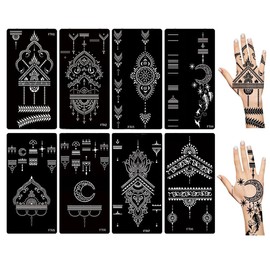 GMDP 8 Sheets Temporary Tattoos Henna Stencil, Tattoo Stickers, Indian Arabic Hands Hand Tattoo Temple Sticker for Women Finger Body