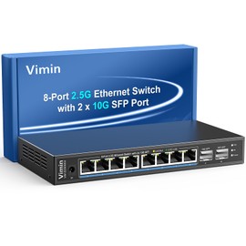 8 Port 2.5G Unmanaged Network Switch+2X10G SFP, VIMIN 8X 2.5G Switch base-T Ports, 2X 10G SFP Port, 80Gbps Switching Capacity, IEEE802.3, Metal Housing, Fanless, Work for 2.5Gbps NAS, Wireless AP & PC