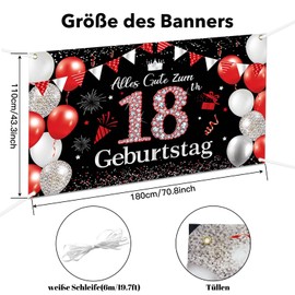 Decoration 18th Birthday Banner Girl Boy, 18th Birthday Decoration, Happy Birthday Banner 18th Birthday, Long Size Red Black 18th Birthday Party Decoration for Women and Men, 180 × 110 cm