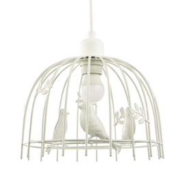 Birdcage Pendant Lighting Shade in White Gloss Metal with 3D Birds and Leaves - Shabby Chic Style | 25cm x 16xm | for Bedroom Dining Room Lounge etc by Happy Homewares