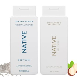 Native Body Wash, 2 Pack - Sandelwood and Shea Butter & Sea Salt and Cedar 18oz Clean Body Cleanser, Sulfate-Free, Paraben-Free Formula for All Skin Types