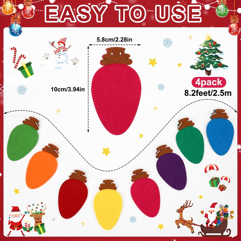 4Pcs Felt Christmas Light Bulbs Garland Colorful Holiday Banner Decor