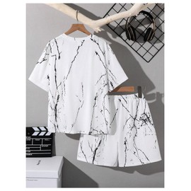 SHENHE Boy's Summer 2 Piece Outfits Graphic Crewneck Loose Tee Shirt and Shorts Casual Set White 8Y