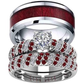 ringheart 2 Rings Couple Rings White Gold Filled Heart Cut Cz Red Rhinestone Womens Wedding Ring Sets Stainless Steel Man Ring Band, Crystal Metal rhinestone stone, Cubic Zirconia