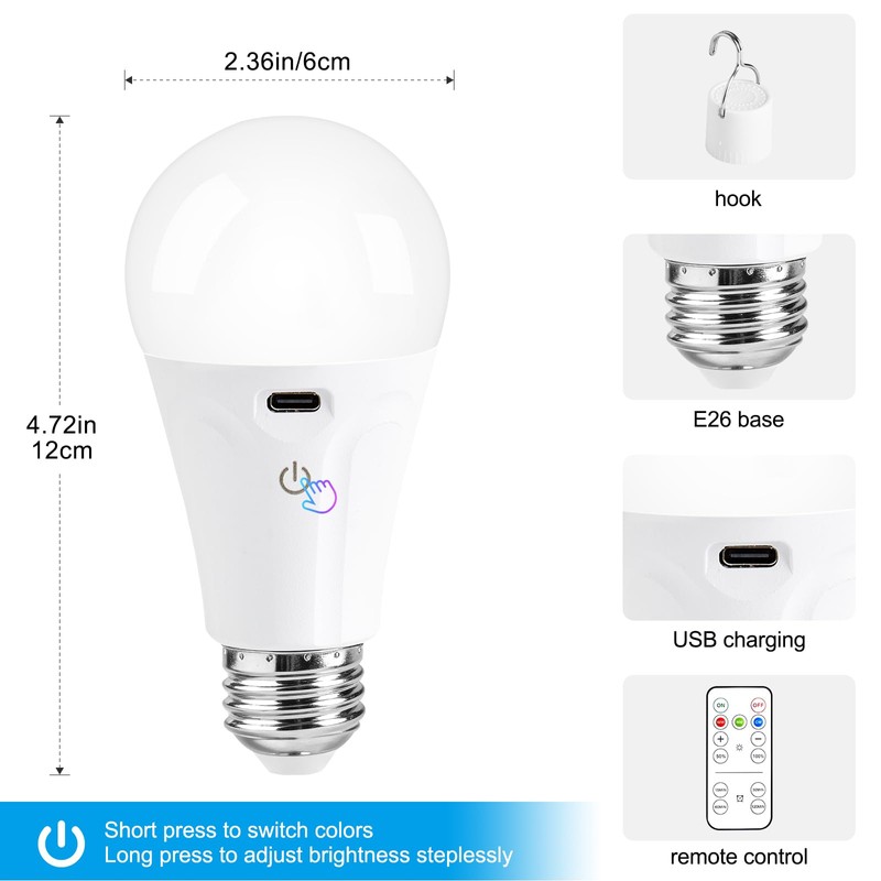 Powfloven E26 Rechargeable Light Bulbs with Remote and USB Charging,