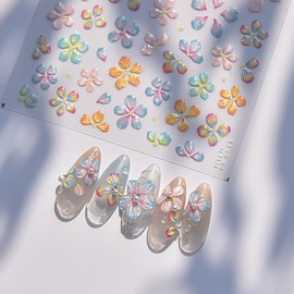5D Embossed Flower Nail Art Stickers Floral Summer Nail Decals Cute Pink Yellow Petals Nail Glitter Designs Sticker Spring Summer Nail Decals Nail Art Supplies for Women Acrylic Manicure Decor DIY