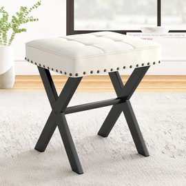 LUE BONA White Vanity Stool - Square Faux Leather Makeup Seat With Metal X Legs, Small Ottoman Chair for Makeup Room, Living Room, Bathroom - Padded Foot Rest