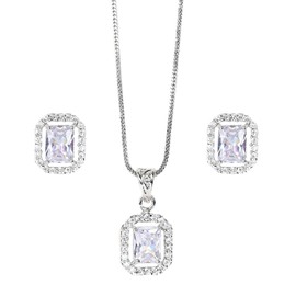 XPNSV Jewelry Luxury Pendant Gift Set for Women| Pendant with 2 Earrings, Option in 10 Design with Gold Silver Princess Cut Round Heart and Oval (Silver, Princess Cut) One Size Multi