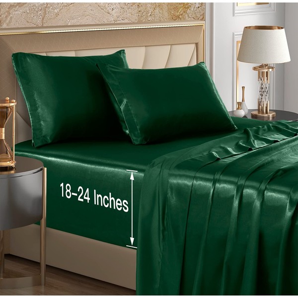 VACVELT 4pcs Extra Deep Pocket Satin Sheets Queen Size Bed