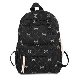 Aurelx Black Bow Backpack, Cute Corduroy Backpack, Large Capacity Girls School Bag for School Travel Daily Use, Funny Bow Gifts for Women Girls Teenagers and Children