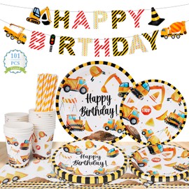 TOTSUN 101 Pieces Engineering Birthday Party Tableware Set, Construction Site Children's Birthday Party Set, Party Supplies Tableware for Kids' Birthday Girl's Boys Party Decoration
