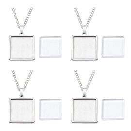 Julie Wang 25mm 10 sets Square Stainless Steel Resin Tray Bezels Base Settings Charms Pendant Set with Chain Necklace Glass Cabochon Jewelry Making Craft Accessory