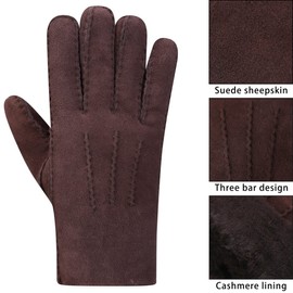 Harssidanzar Leather Mens Gloves,Suede Lambskin Shearling Fur Cuff Thick Wool Lined Heated Warm for Winter Cold Weather Dress Driving Gloves KM043UK,Brown,Size M