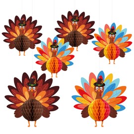 UgyDuky 6PCS Thanksgiving Turkey Honeycomb Hanging Decorations – 8 Inch Fall Party Centerpiece Hanging Paper Turkeys for Autumn Harvest, Classroom, Home, and Table Decor
