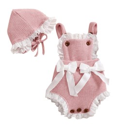 Infant Baby Girl Clothes Lace Romper Knitted Ruffle Sleeveless Backless Bodysuit Jumpsuit with Hat Summer Outfits (Pink, 0-3 Months)