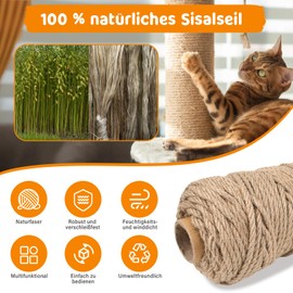 Kolamom Sisal Rope for Scratching Post 50 m x 6 mm, Natural Sisal Rope for Cats, Scratching Pole, Cat Tree Replacement Parts, Household, Garden, DIY, Decoration