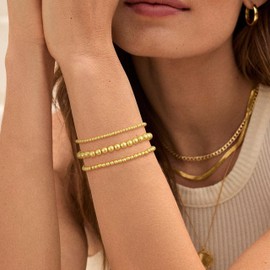 Gold Bracelets for Women Waterproof 14K Gold Plated Gold Bracelet Stack Beaded Link Bracelets for Women Stretch Rope Bracelet Sets Stackable Everyday Jewelry for Women