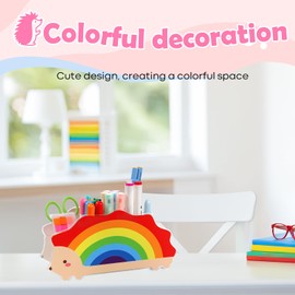 Habibery Rainbow Hedgehog Acrylic Pen Holder – Cute Desk Organizer with 5 Compartments, Crayon & Marker Organizer, Perfect for Back to School, Homeschool Supplies, & Room Decor, Gift for Kids