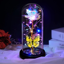 Valentines Day Gifts for Her,Valentines Day Rose Flowers Gifts,Valentines Presents for Wife Mom Girlfriend,Butterfly Birthday Gifts for Women, Flower Light Up Rose in A Glass Dome Mothers Day