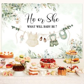 7X5ft Gender Reveal Backdrop Baby Shower Photography Background, Greenery He or She Backdrops Boy or Girl Clothes Banner Photo Booth Prop Decorations Wall Decor Tablecloth