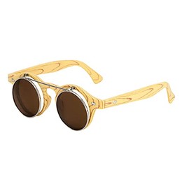 Vintage Flip Up 80's Retro Round Steampunk Circle Sunglasses W-312-FLIP (Yellow Wood)