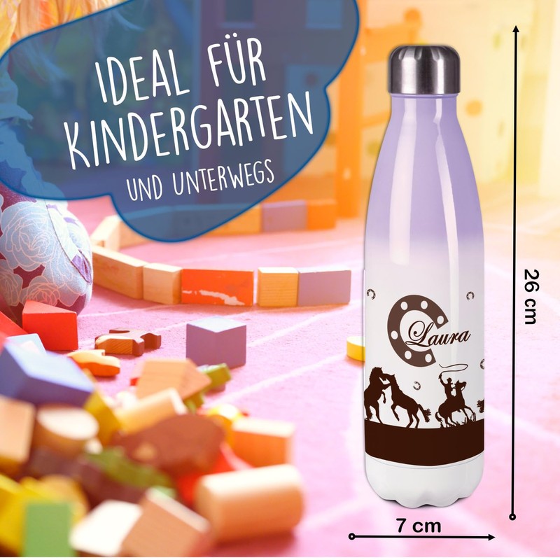 CreaDesign, Children's Stainless Steel Drinking Bottle, Horses, Brown, Purple, Thermal
