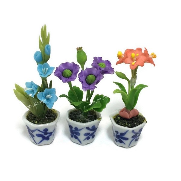 3pc Miniature Flower Clay Dollhouse Fairy Garden Mini Plant Trees Ceramic Paint Furniture Bundles Artificial Flowers Tiny Orchid #081