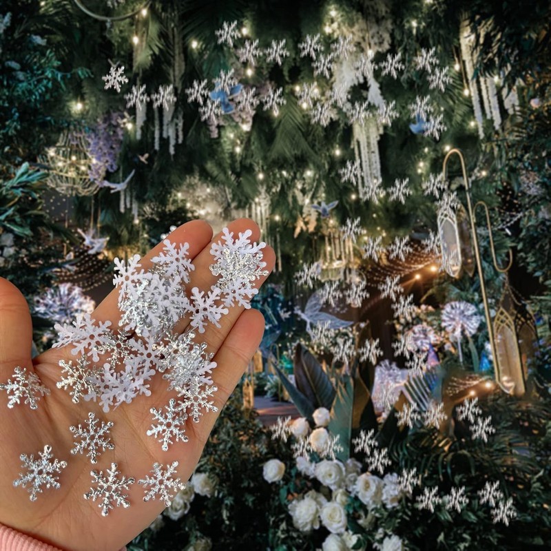 300 Pcs Blue Christmas Snowflake Ornaments Plastic Glitter Snow Flakes