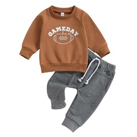 Adobabirl Toddler Baby Boy Football Outfit Gameday Crewneck Sweatshirt and Pants Set Thanksgiving Outfit Fall Clothes (Game Day Outfit Brown,0-6 Months)