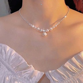Xmsrn Vintage Crystal Pearl Pendant Necklace Boho Pearl Chain Necklace Pearl Choker Necklace Silver Splice Chain Necklace for Women