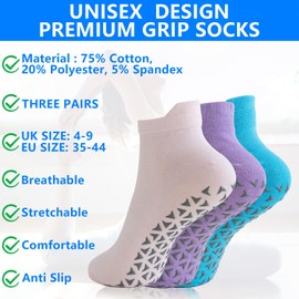 Yoga Socks for Women & Men, 3 Pairs Non Slip Pilates Socks Grip Socks, Slipper Socks for Barre, Fitness, Dance, Ballet, Hospital, Home, Size 4-9 (Pink/Purple/Lake Blue)
