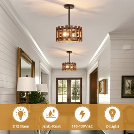 2-Light Farmhouse Wood Pendant Lights Rustic Wood Chandeliers with Black Metal, 13 Inch Adjustable Hanging Ceiling Lighting for Kitchen Dining Room Entryway Foyer Hallway Lighting
