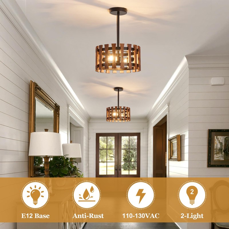 2-Light Farmhouse Wood Pendant Lights Rustic Wood Chandeliers with Black