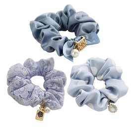 Elegant Floral Chiffon Hair Tie for Women – Soft and Stylish Scrunchie, Feminine Hair Accessory (3-Blue&Blue&Blue)