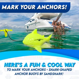 SandShark - Boya de marcador de bola de anclaje flotante Accesorios de barco pontón en forma de tiburón para diversión en la playa. Accesorios de anclaje de barco para aguas poco profundas. Alta visibilidad. Cordón elástico de 30 pulgadas (verde neón).
