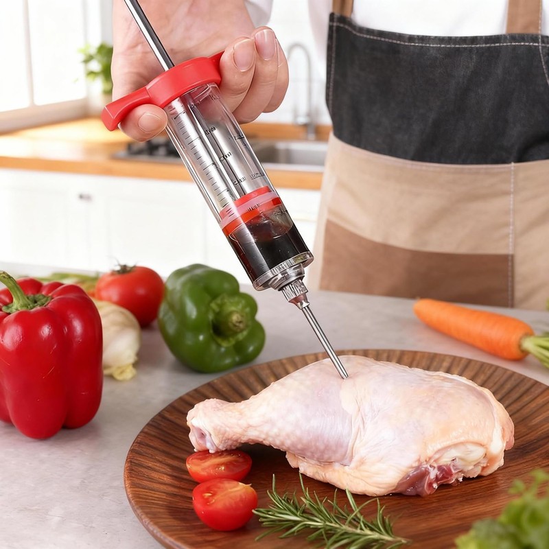 Mikim Meat Injector Syringe with 2 Stainless Steel Needles, Red