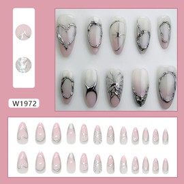 Silver Chrome Press on Nails Medium Almond Fake Nails 3D Heart Line Coil Designs Y2K Acrylic Nails Pink White Gradient Artificial False Nails Kits Full Cover Stick on Nails for Women Manicure 24Pcs