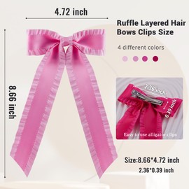 hisial 4PCS Ruffle Layered Hair Bows Alligator Clips Big Bowknot Barrettes Long Tail Tassel Hair Accessories for Women Teens Thick & Thin Hair Decoration(Pink/Rosered)