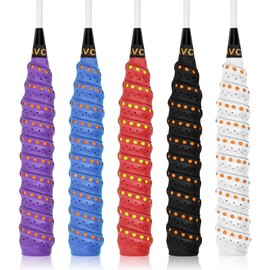 wangjiangda 5 Pack PU Racquet Grip, Super Absorbent Tennis/Badminton/Squash Rackets Overgrip Anti Slip Perforated Racket Grips Non-Slip Handle Grip Tape, 5 Color