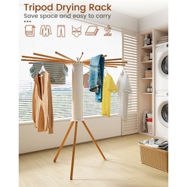 VICSKY Cylinder Tripod Drying Rack for Clothes, Octopus Laundry Stand Foldable, Collapsible Round Drying Rack Clothing, 16 Rods, 360° Rotatable, Compact and Space Saving(Wood Feet)