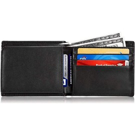 MUITON RFID Protection Bifold Leather Pocket ID Window-in Gift Box, Essential Black, Wallets for Men