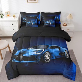 Feelyou Sports Car 7 Piece Bedding Set Blue Race Car Comforter Set with Sheets for Kids Boys Girls Extreme Sports Theme Bed in a Bag Cool Speed Luxury Car Decor Bed Set with 1 Pillowcase Twin